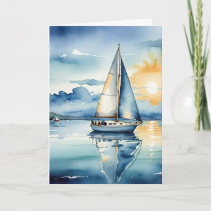 Carte Bateau d'aquarelle d'anniversaire sur un lac