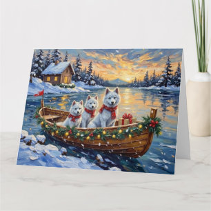 Carte Bateau de Noël de Samoyède blanc pour les fêtes