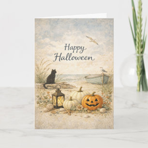 Carte Bateau Halloween de rangée de chat noir côtier