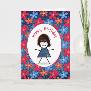 Carte Bâton d'anniversaire fille et marguerites sur Deni