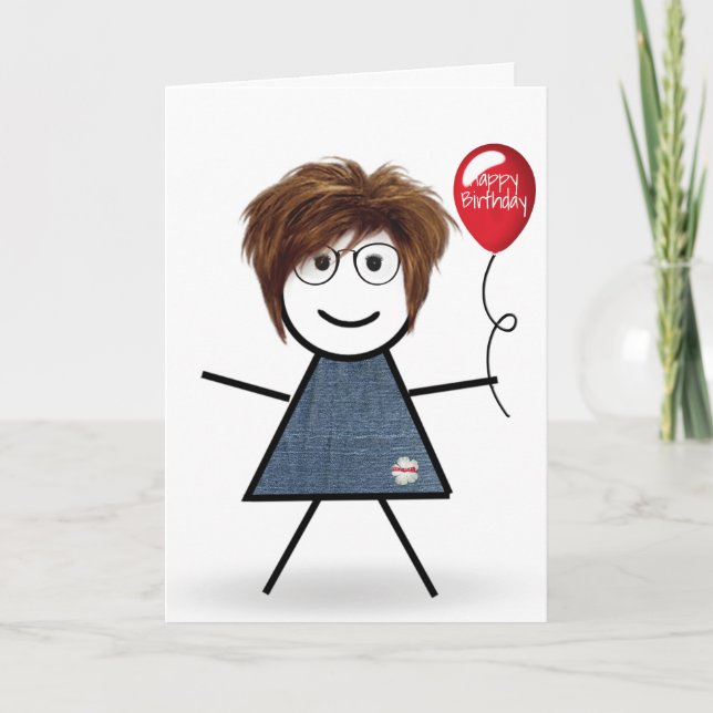 Carte Bâton fille d'anniversaire avec ballon rouge (Devant)