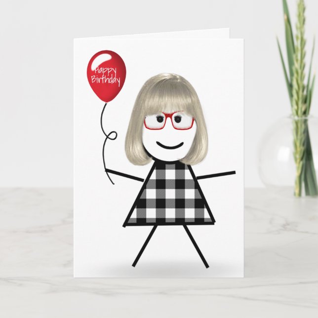 Carte Bâton fille d'anniversaire avec ballon rouge (Devant)