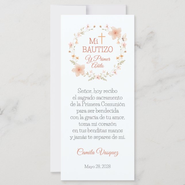 Carte Bautisme Faveur Aquarelle rose Fleurs Signet (Devant)