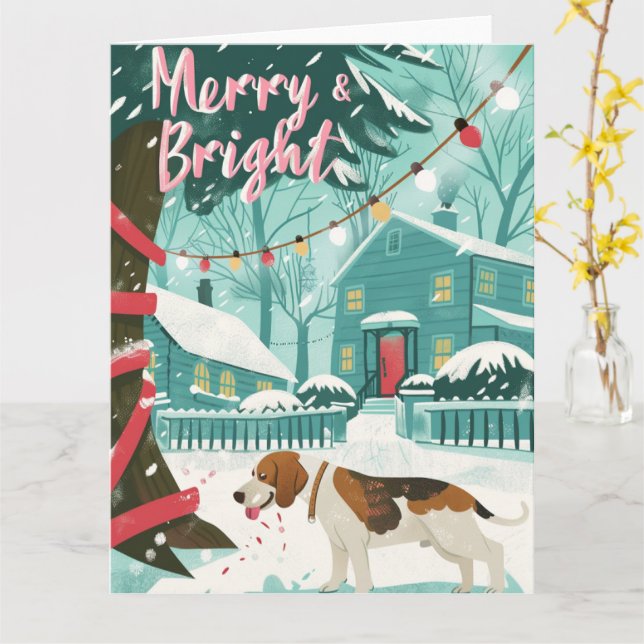 Carte Beagle à Noël de neige (Fleur jaune)