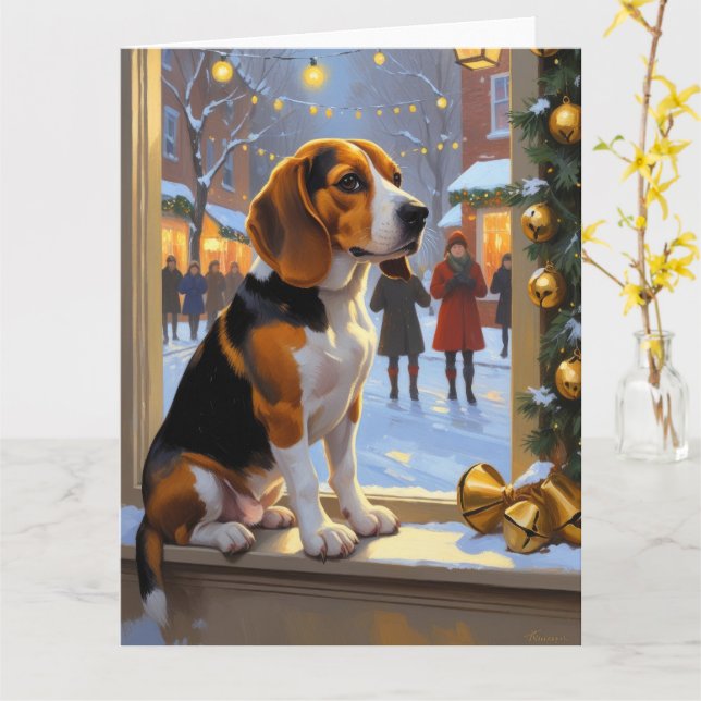 Carte Beagle Avec Lumières De Noël (Fleur jaune)