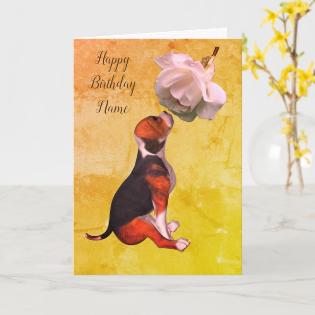 Carte Beagle Chiot Rose Art Personnalisé Anniversaire (Fleur jaune)