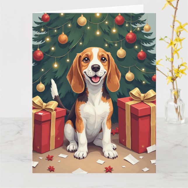 Carte Beagle Christmas Morning Gift-Unboxing Painting (Fleur jaune)