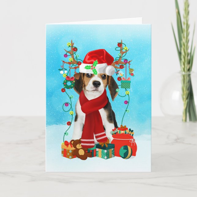 Carte Beagle dans la neige avec cadeaux de Noël (Devant)