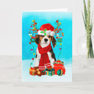 Carte Beagle dans la neige avec cadeaux de Noël