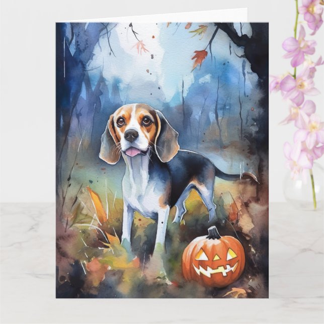 Carte Beagle d'Halloween avec citrouilles effrayant (Orchidée)