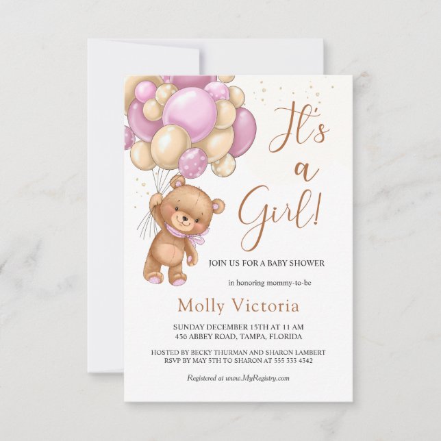 Carte Bear Pink Balloons Baby shower de fille (Devant)