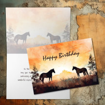 Beau aquarelle Cheval au coucher du soleil Anniver