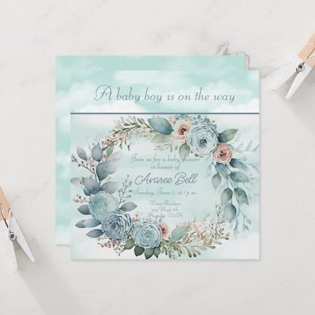 Carte Beau Baby shower Garçon (Devant/Arrière en situation)