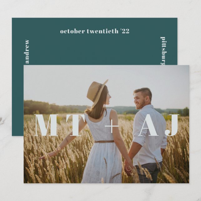Carte Beau bleu Turquoise Monogramme Mariage photo (Devant / Derrière)