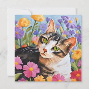 Carte Beau chat avec fleurs