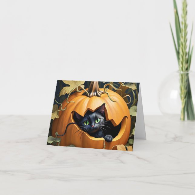 Carte Beau chat noir dans une citrouille (Devant)