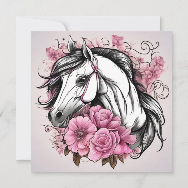 Carte Beau cheval blanc avec des fleurs roses  (Devant)