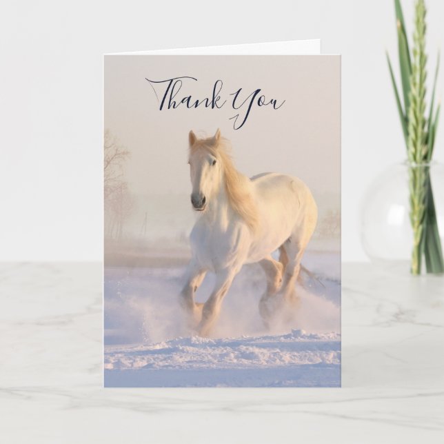 Carte Beau cheval blanc dans le Merci photo de neige (Devant)