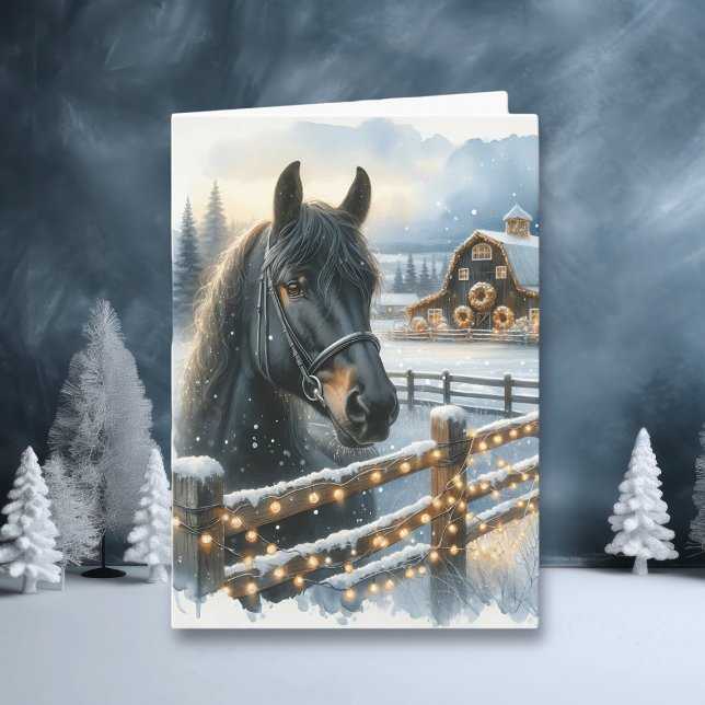Carte Beau Cheval Noir Festif à la ferme Noël (Créateur téléchargé)