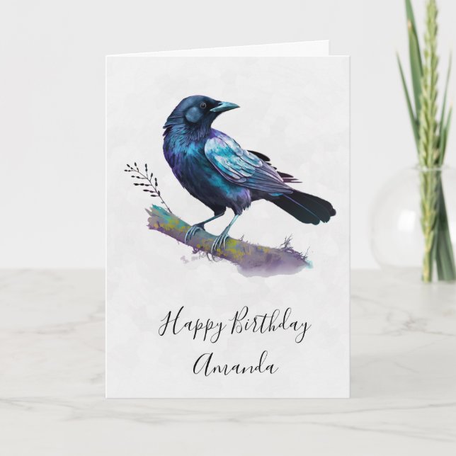 Carte Beau Corbeau sur une branche d'arbre Anniversaire (Devant)