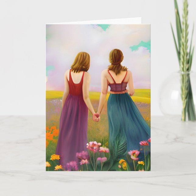 Carte Beau couple lesbien dans le domaine des fleurs (Devant)