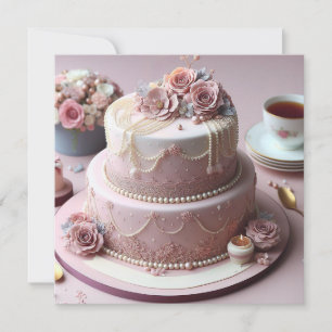 CARTE BEAU GÂTEAU FLORAL ROSE ANNIVERSAIRE
