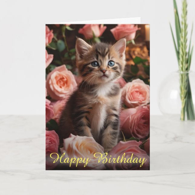 Carte Beau Kitten Whiskers et élégantes roses roses rose (Devant)