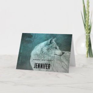 Carte Beau loup gris dans une forêt foncée Anniversaire