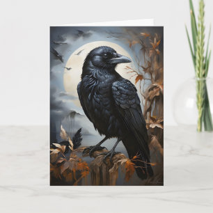 Carte Beau portrait de corbeau noir Arbres Lune Vierge