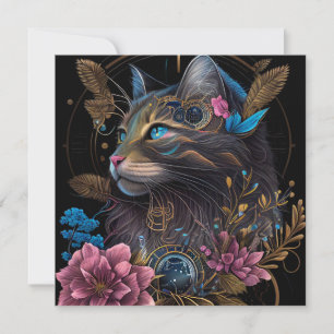 Carte Beau steampunk Maine Coon avec fleurs IA art