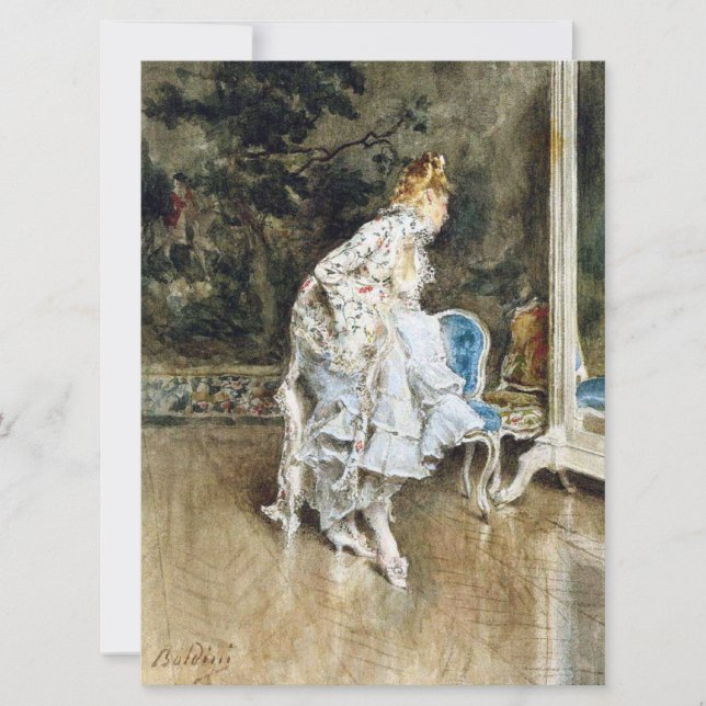 Carte Beauté à la mode s'admirant dans le miroir (Devant)