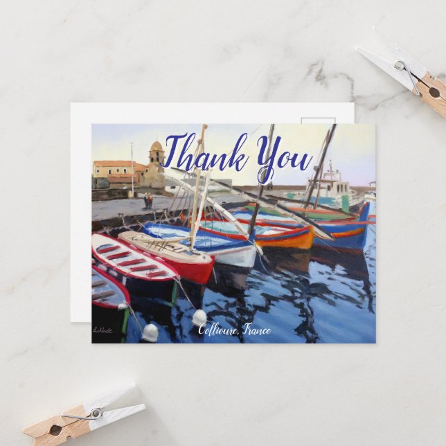 Carte Beautiful Red Orange Blue Green Boats in Collioure (Devant/Arrière en situation)