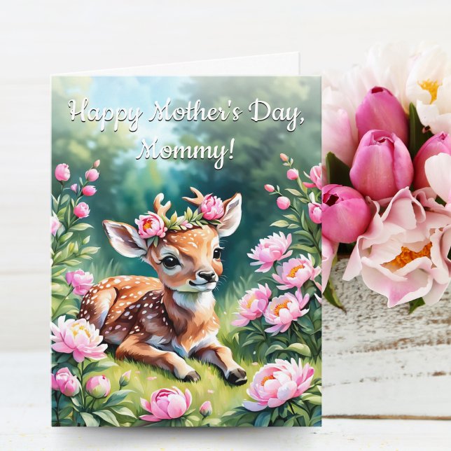 Carte Bébé Cerf avec Couronne de pivoines Fête de la mèr (A sweet Mommy, Mother's Day card for children who love baby deer!)