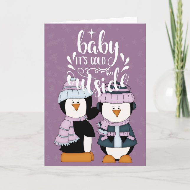 Carte Bébé C'est froid dehors Purple & Pingouins Bleus (Devant)