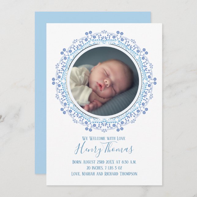 Carte Bébé classique Garçon bleu Photo Simply Sweet (Devant / Derrière)