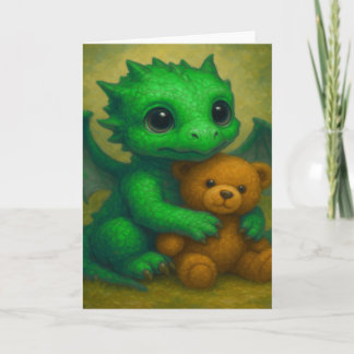 Carte Bébé Dragon vert mignon avec ours en peluche