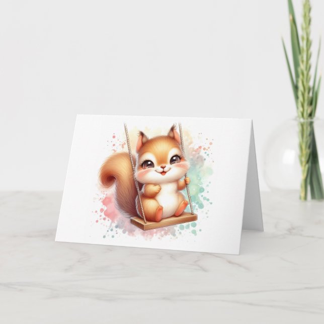 Carte Bébé Écureuil Mignon Forêt Fantaisiste Aquarelle (Devant)