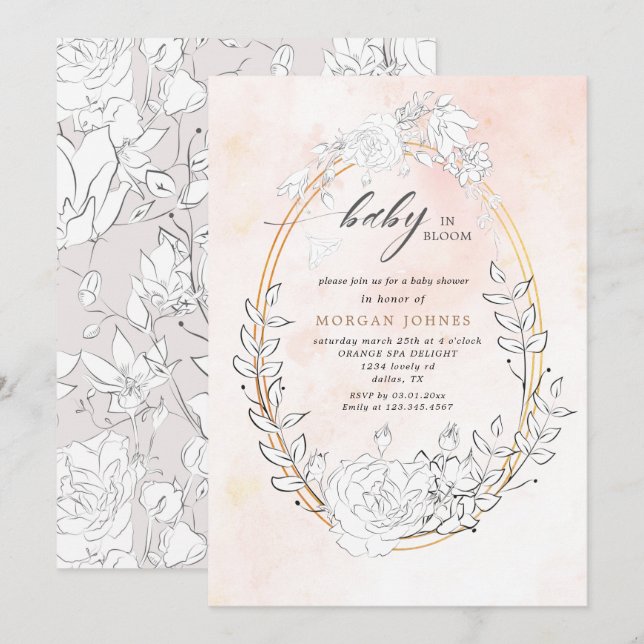 Carte bébé en fleurs baby shower floral floral brun invi (Devant / Derrière)