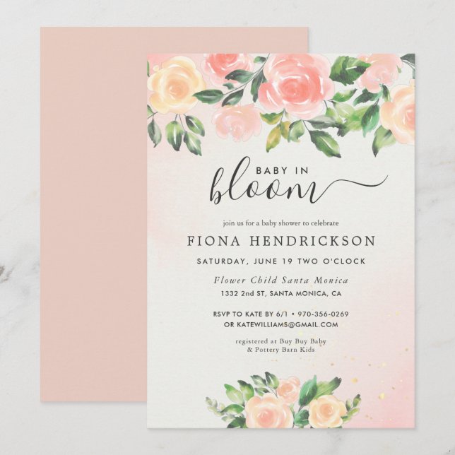 Carte Bébé en fleurs | Baby shower floral rose et pêche (Devant / Derrière)