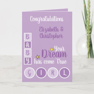 Carte Bébé Fille amour et chérir violet et jaune