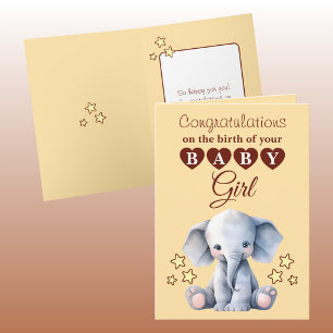 Carte Bébé fille félicitations éléphant pêche