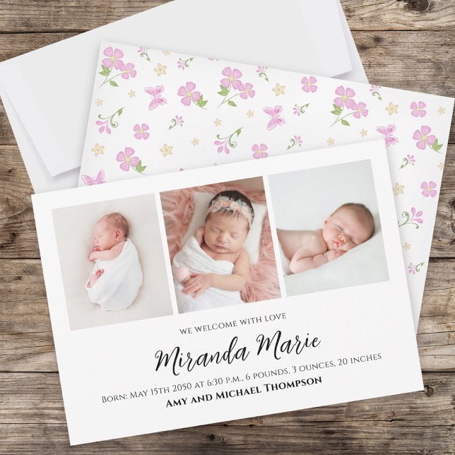 Carte Bébé Fille Nouveau-né Photo Collage simple rose fl (Créateur téléchargé)