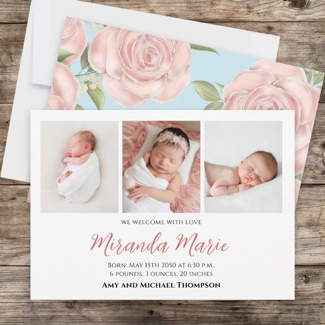 Carte Bébé Fille Nouveau-né Photo Collage simple rose fl (Créateur téléchargé)