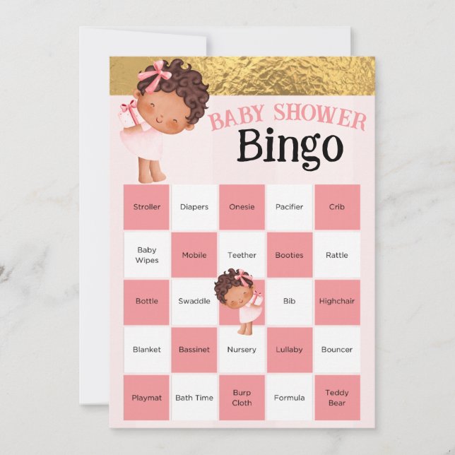 Carte Bébé Fille Rose Et Baby shower Or Jeu De Bingo (Devant)