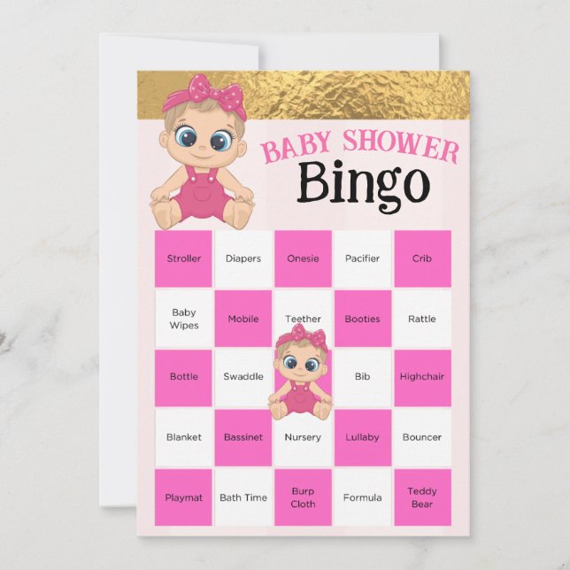 Carte Bébé Fille Rose Et Baby shower Or Jeu De Bingo (Devant)