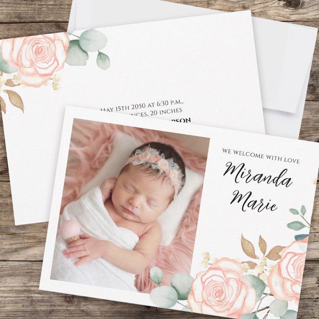 Carte Bébé Fille Simple Nouveau-né Script photo rose Flo (Créateur téléchargé)