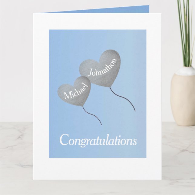 Carte Bébé garçon bleu & argent ballon jumeau baptême (Devant)