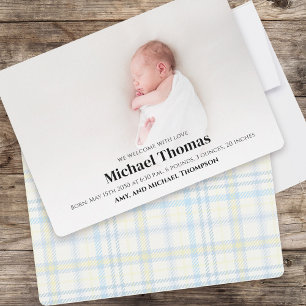 Carte Bébé Garçon Bleu Photo Simple mignon Striped Plaid