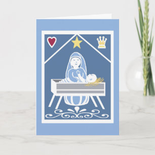 Carte Bébé Jésus dans la crèche avec Marie, étoile, coeu
