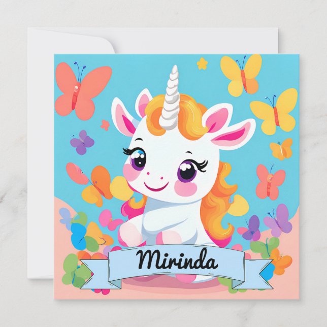 Carte Bébé mignon Unicorn Butterfly Nom personnalisé (Devant)